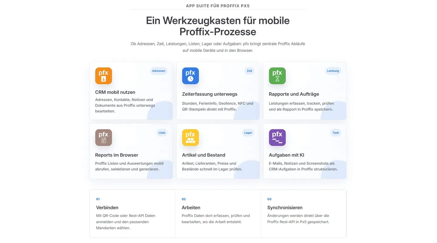 Smartphone-Mockup der pfx App mit Proffix-Daten