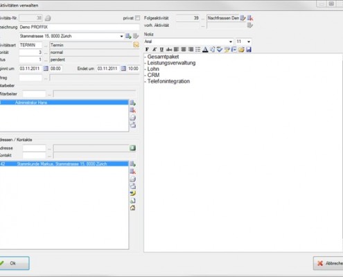 PROFFIX CRM-Aktivitäten